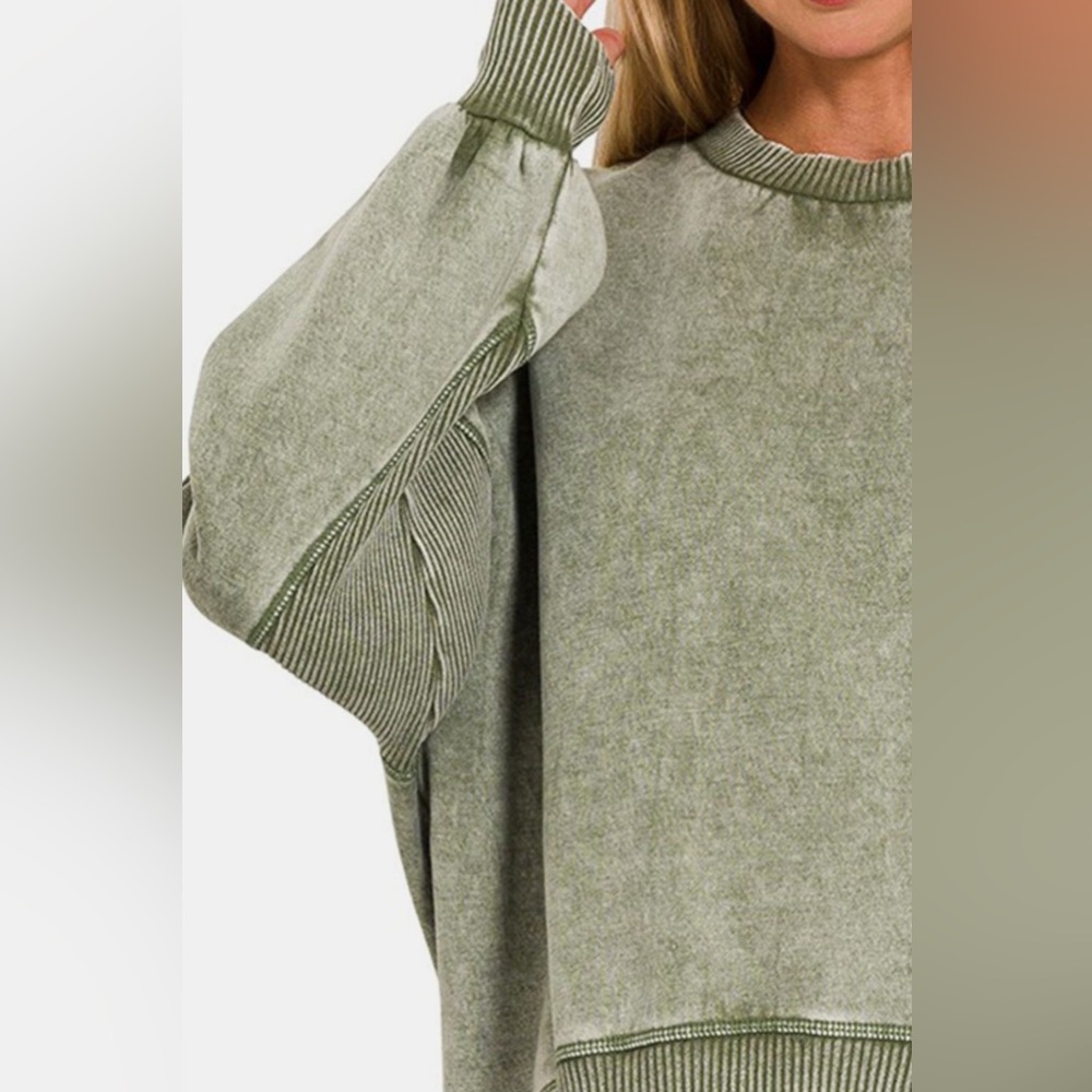 NEW Zenana 90s Olive Green Acid Wash Oversized Crewneck Sweatshirt - Picture 3 of 3